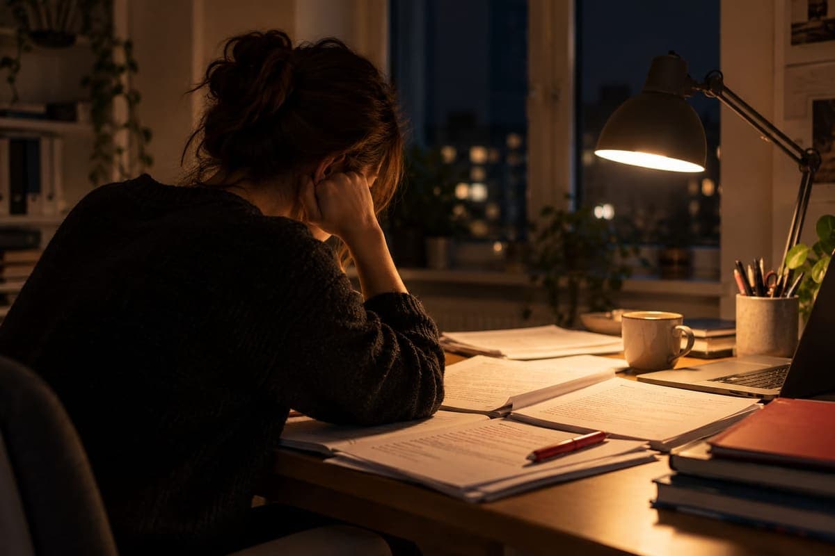 Student worrying over exam papers at night