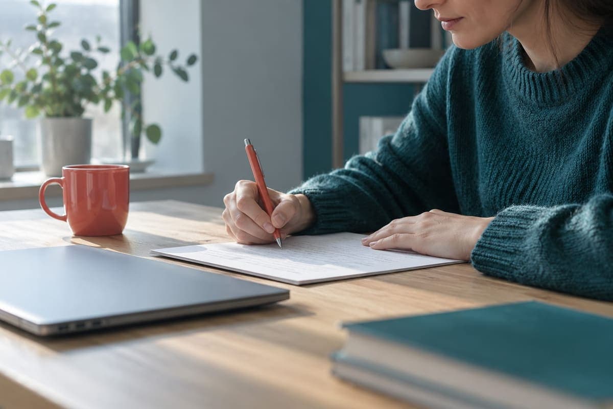 Learner handwriting a practice letter at a sunlit desk